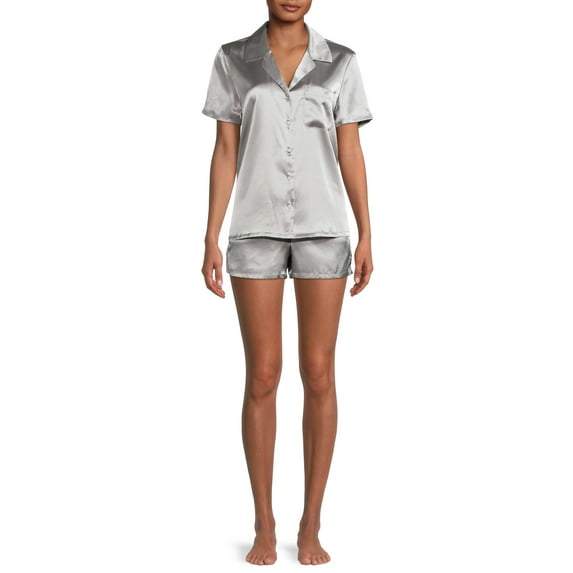 Sealy Sleepwear Women's Satin Notch Collar Sleep Top and Shorts Pajama Set with Pillowcase, 3-Piece