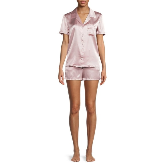 Sealy Sleepwear Women's Satin Notch Collar Sleep Top and Shorts Pajama Set with Pillowcase, 3-Piece
