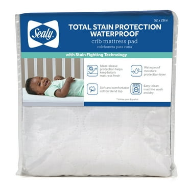 Sealy Total Stain Protection Waterproof Fitted White Crib Mattress Pad, Crib/Toddler Bed, 52" L x 28" W