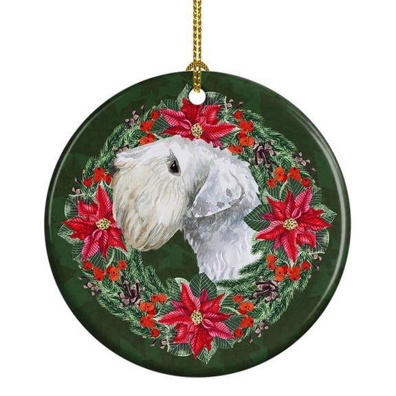 Sealyham Terrier Poinsetta Wreath Ceramic Ornament 2.8 in x 2.8 in