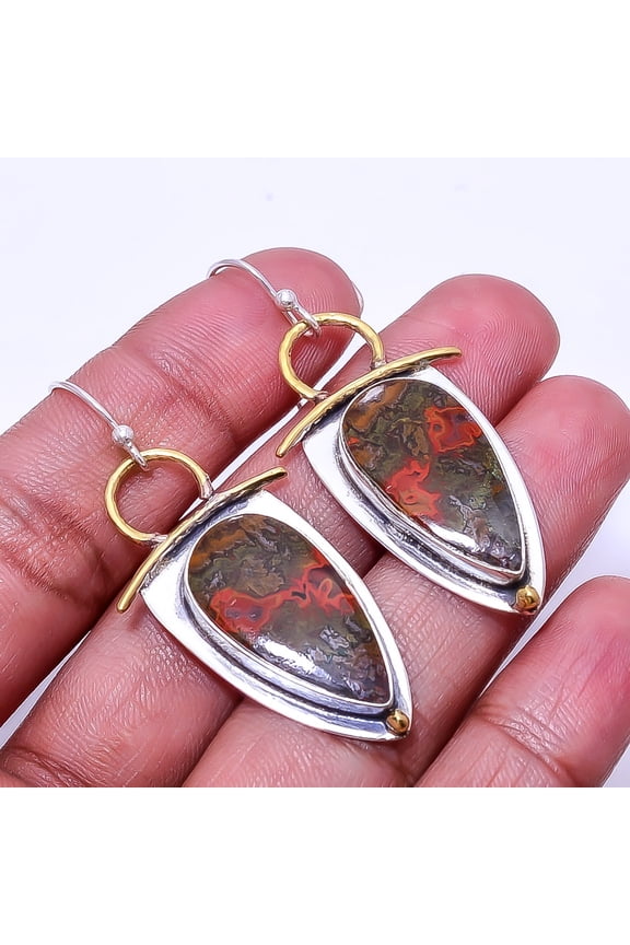 Seam Agate -Morocco 925 Sterling Silver Two Tone Earring 1.95", Maroon Seam Agate Earring E_8059_349_49