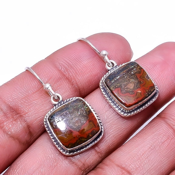 Seam Agate -Morocco Designer Handmade 925 Silver Plated Earring 1.17", Maroon Seam Agate Earring E_8021_339_59