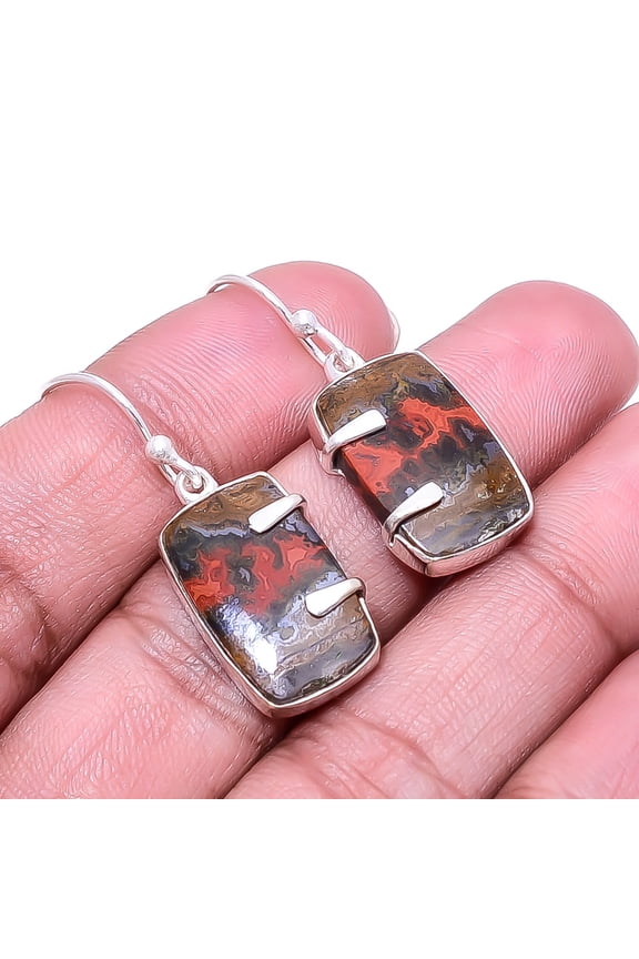 Seam Agate -Morocco Designer Handmade 925 Silver Plated Earring 1.37", Maroon Seam Agate Earring E_8007_340_37
