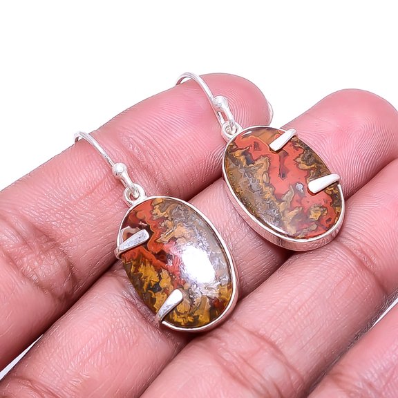 Seam Agate -Morocco Designer Handmade 925 Silver Plated Earring 1.37", Maroon Seam Agate Earring E_8007_340_59