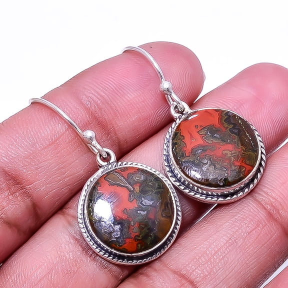 Seam Agate -Morocco Designer Handmade 925 Silver Plated Earring 1.37", Maroon Seam Agate Earring E_8021_339_37