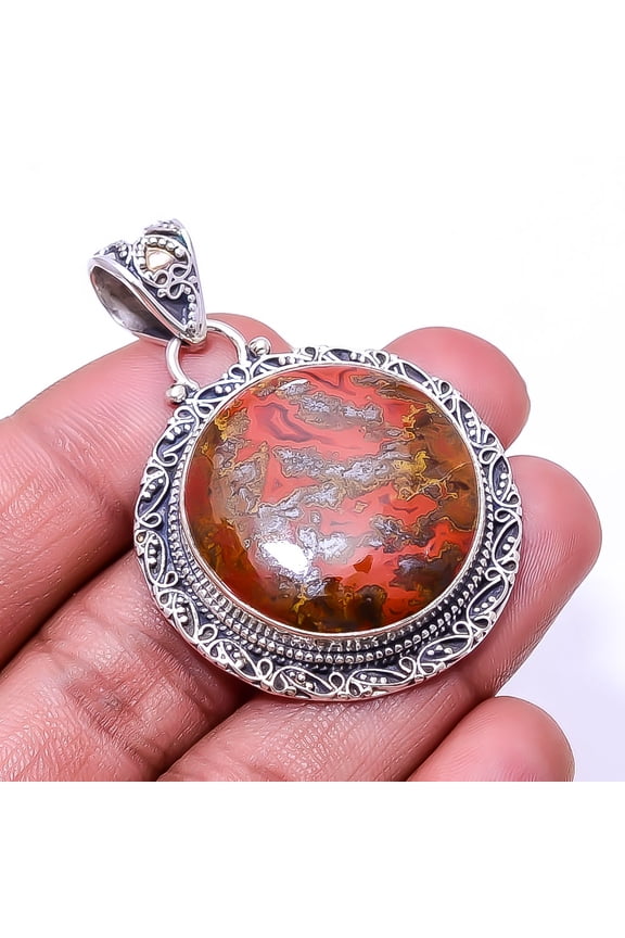 Seam Agate -Morocco Fine Art 925 Silver Plated Pendant 1.95", Seam Agate Pendant P_8015_312_46