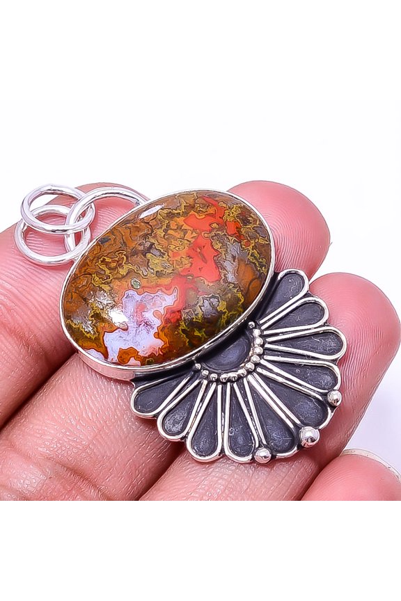 Seam Agate - Morocco Oxidised Designer 925 Sterling Silver Pendant 1.76" P18, Gemstone Jewelry, Birthday Gift, Christmas Gift