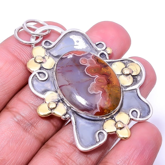 Seam Agate - Morocco Oxidised Two Tone 925 Sterling Silver Pendant 2.15" P30