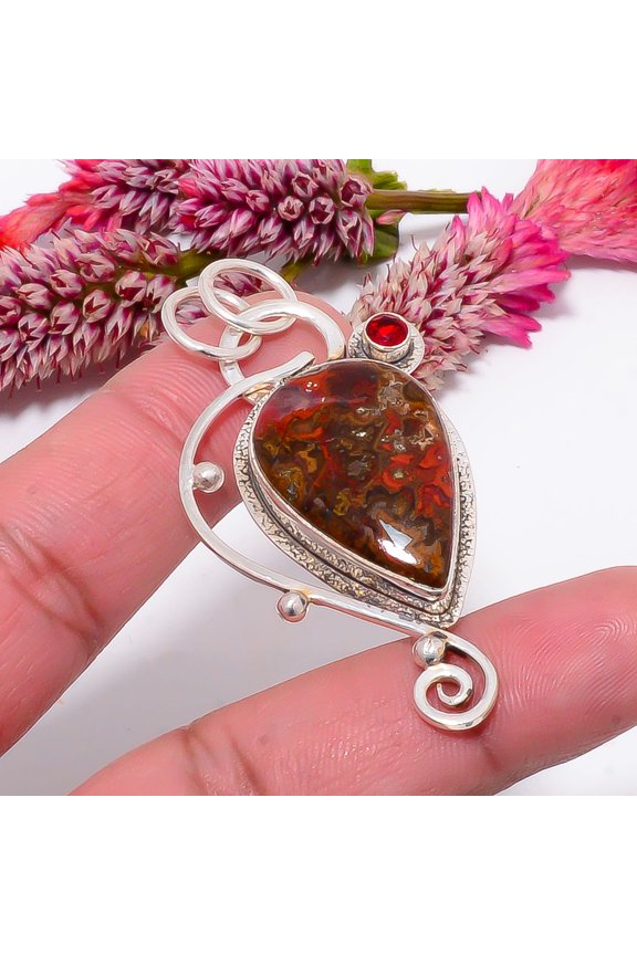 Seam Agate - Morocco & Red Garnet Designer Handmade 925 Sterling Silver Pendant 2.26" Sku49, Maroon Pendant, Natural Gemstone Pendant