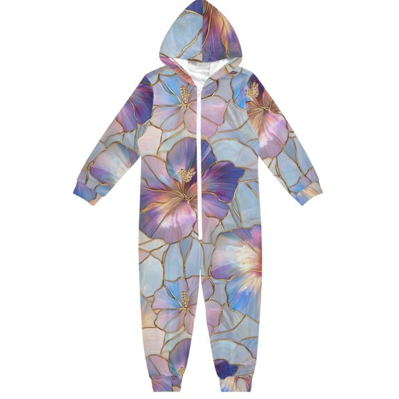 Seam Blue Pink Flowers Boys & Girls Hooded One-Piece Pajamas Warm Crystal velvet Hooded Long Sleeve Loungewear Jumpsuit Unisex