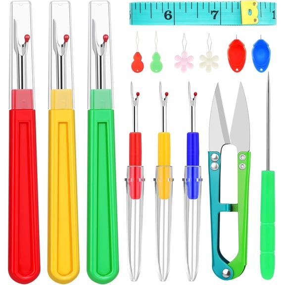 Seam Rippers for Sewing, Stitch Remover Tool, Needle Threaders, Tape Measure, Tailors Awl, Thread Snips (15PCS)