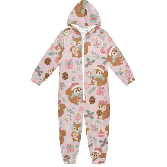 Seam Squirrel Christmas Boys & Girls Hooded One-Piece Pajamas Warm Crystal velvet Hooded Long Sleeve Loungewear Jumpsuit Unisex