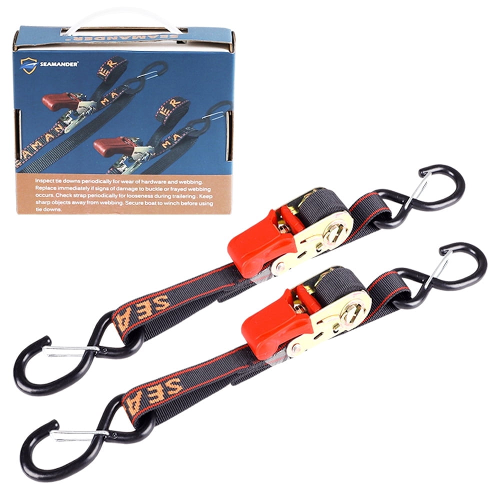 "Seamander Retractable Quick Release Transom Ratchet Tie Down Straps for Boat, Jetski & PWC Trailer, 1"" x 2.5’ Heavy Duty"