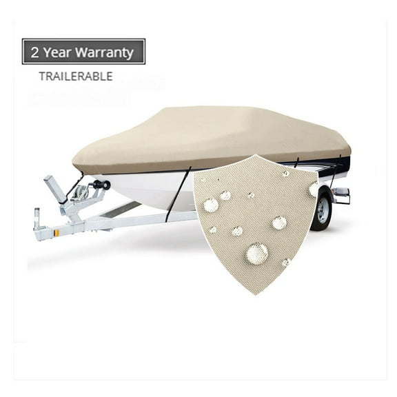 Seamander Solution Dye 600 Denier Heavy duty Waterproof Boat Cover, Fits boats 12'-14'L x 68"W, V-Hull Fishing Ski Boat Pro Bass Inboard Outboard Trailerable Boat Covers , Beige