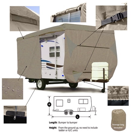 Seamander Travel Trailer RV Cover, Beige(A), 4-Ply, Windproof Straps RV Cover Fits 14'-35'