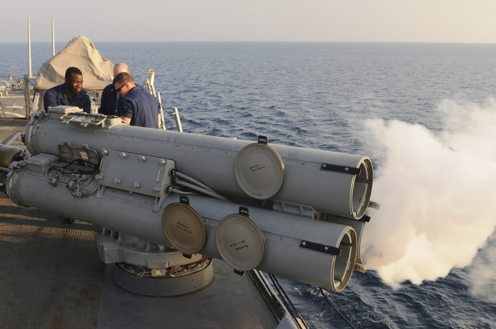 Seamen fire an air slug from a MK-32 surface vessel torpedo tube Canvas Art - Stocktrek Images (35 x 23)