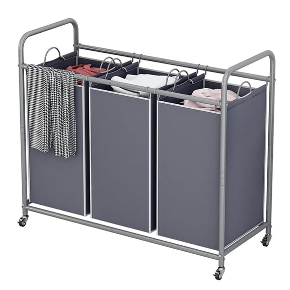 3-Bag Laundry Sorter Cart with Wheels – Heavy Duty Rolling Hamper with Removable Bags for Laundry Room Organization (Grey)