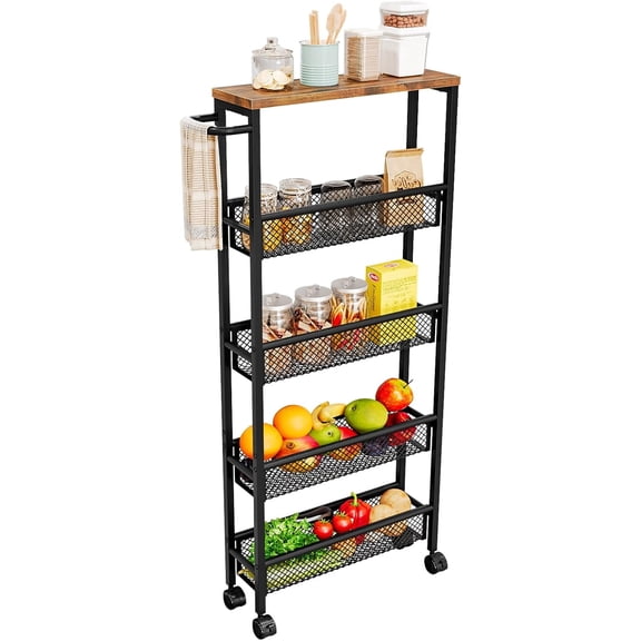 Seamika 5-Tier Slim Rolling Cart with Wooden Tabletop,Mobile Metal Utility Storage Cart,Slide Out Narrow Cart for Tight Spaces on Bathroom Kitchen Laundry Room Bedroom Apartments Dormitory,Black