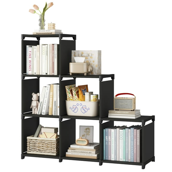 Seamika Bookshelf,6 Cube Storage Organizer,Bookcase Floor Standing Metal Shelves DIY for Home Office Living Room,Black