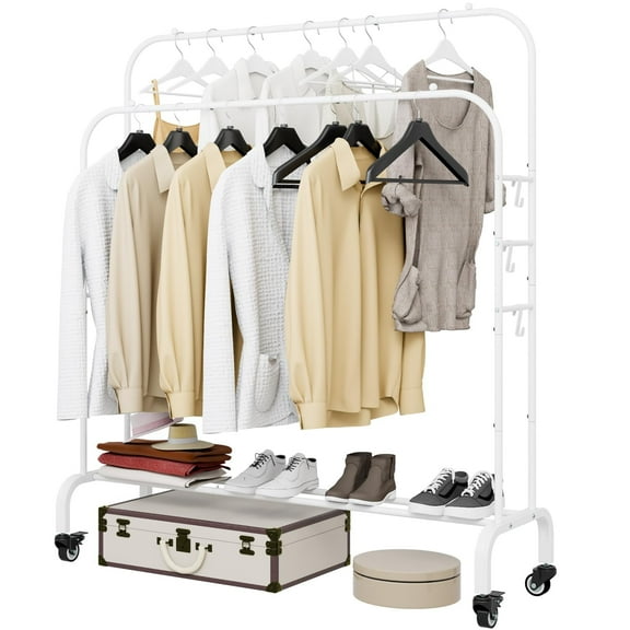 Seamika Garment Rack with Wheels Clothing Rack for Hanging Clothes,Multi-functional Bedroom Clothes Rack,White