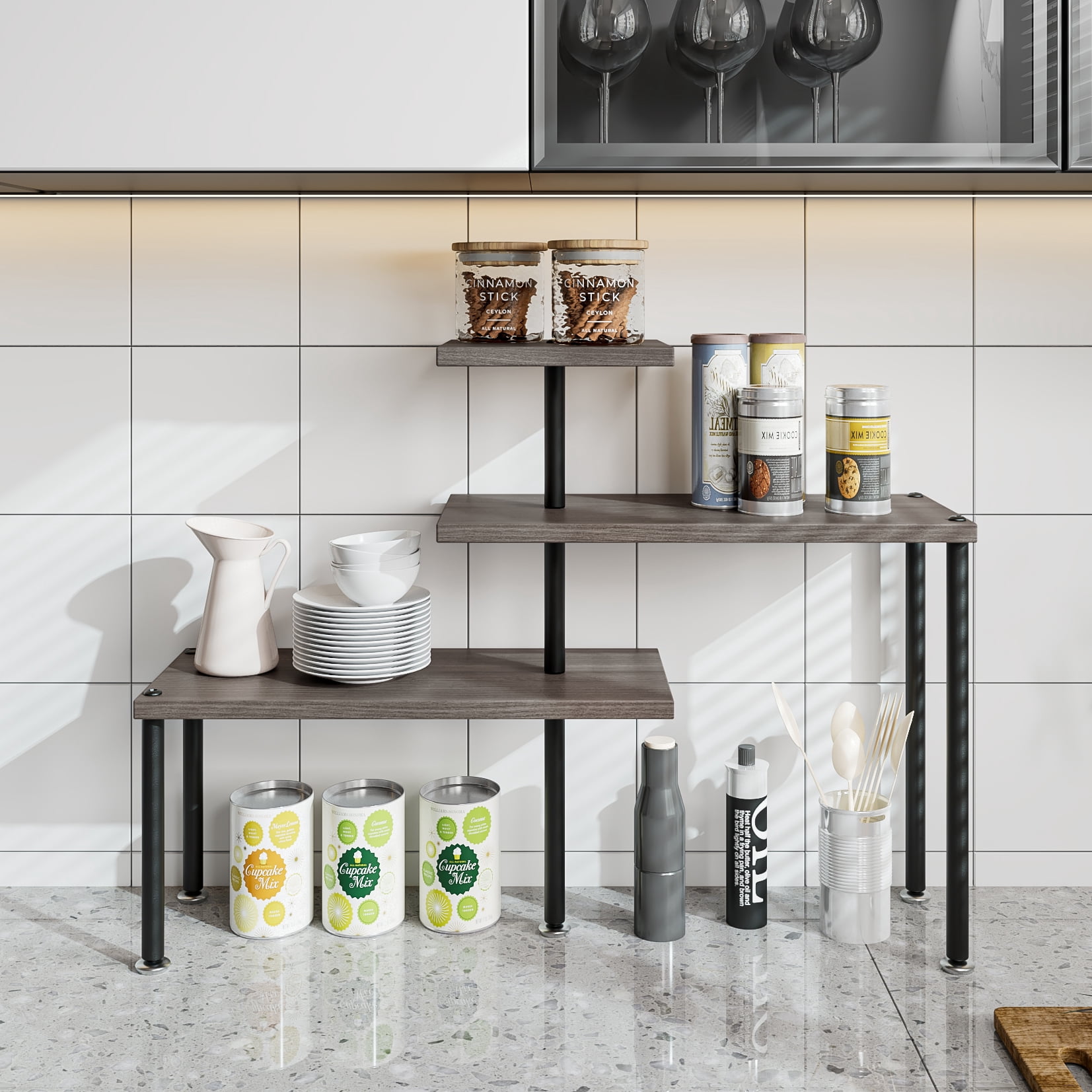 SEAMIKA Metal and MDF Board Stackable 3-Tier Countertop Spice Rack ...