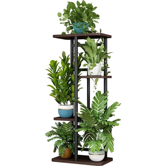 Seamika Plant Stand 4 Tier 5 Potted Indoor,Metal Plant Shelf for Multiple Plants,Iron Flower stand for Window Living Room Corner,Black Oak