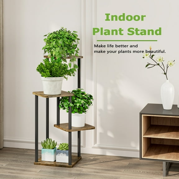 Seamika Plant Stand Indoor,4 Tiers Outdoor Metal Plant Shelf Corner Tall Flower Pot Stands for Multiple Plants for Window Living Room Bedroom Garden,Black