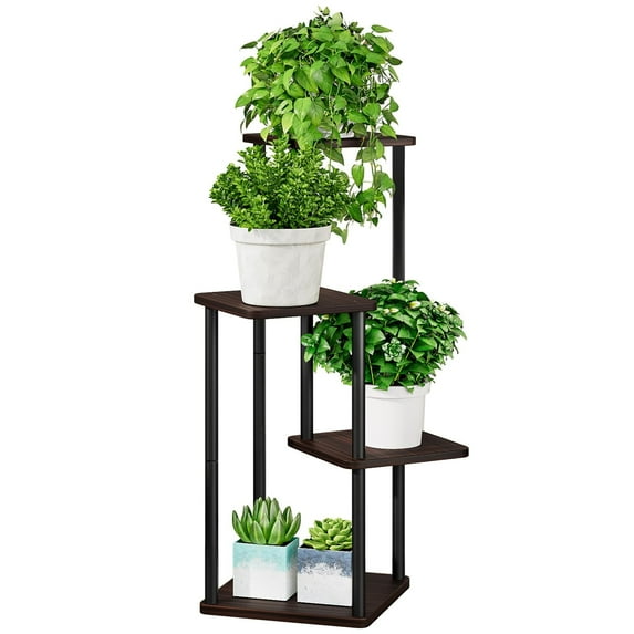 Seamika Plant Stand 4 Tiers Indoor and Outdoor Metal PlantShelf Corner Tall Flower Pot Stands for Multiple Plants for Window Living Room Bedroom Garden,Black oak
