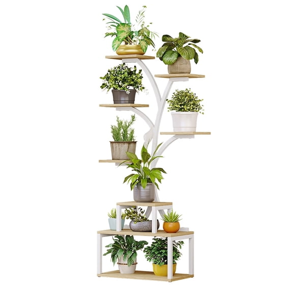 Seamika Plant Stand Indoor outdoor Tall Shelf for Multiple Flower Holder Display Tree-Shaped Rack for Home Living Room Metal,White