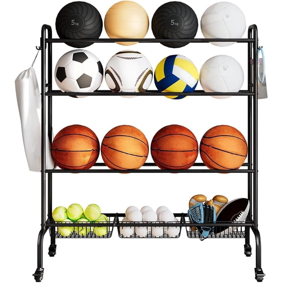 SUOERNUO Basketball Rack, Rolling Ball Stand,Garage Organization with Wheels, Four-Layer Sports Equipment Storage with Baskets for Basketballs Footballs VolleyballBlack