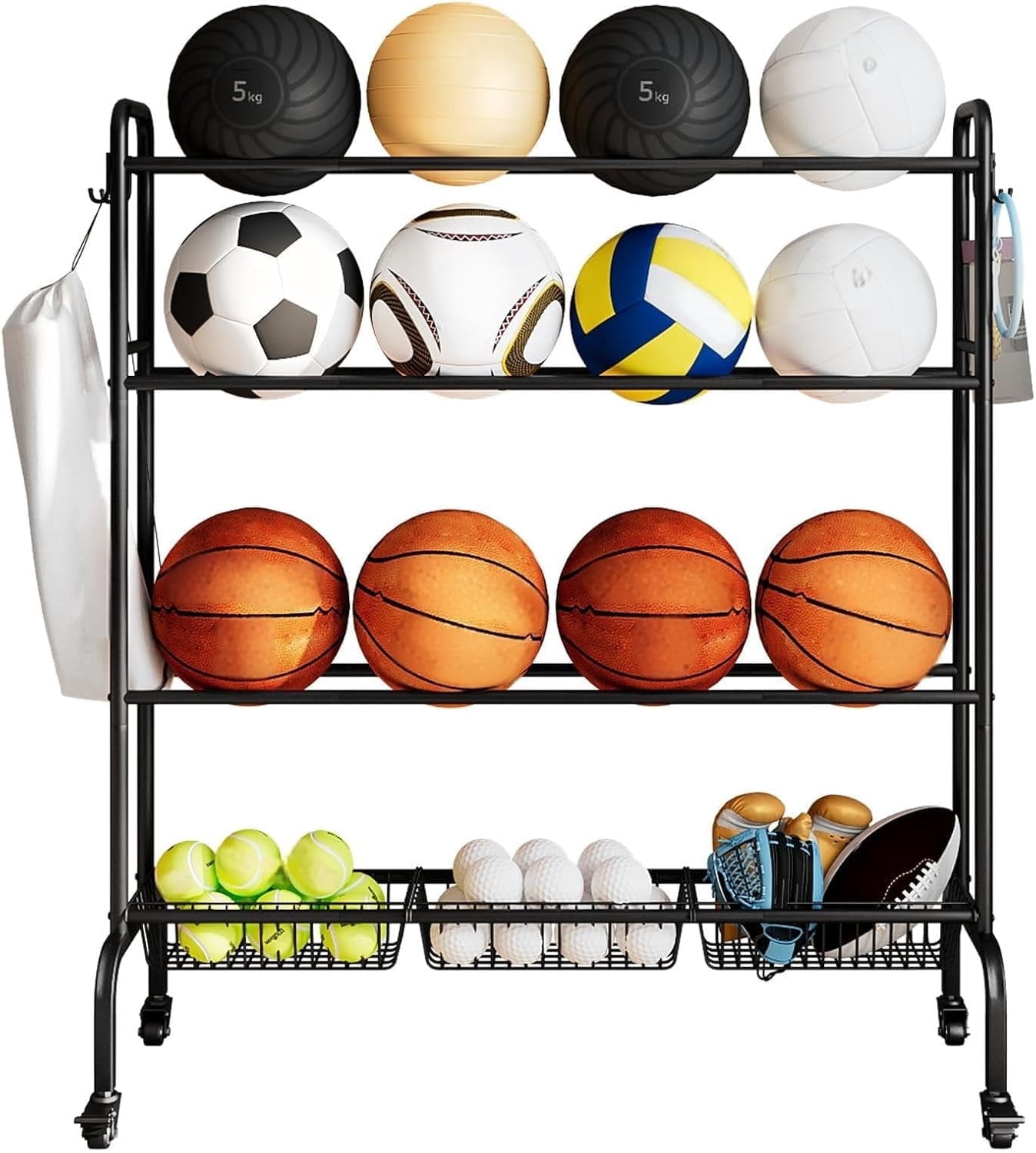 SEAMIKA Basketball Rack, 4-Layer Sports Equipment Storage with Wheels ...