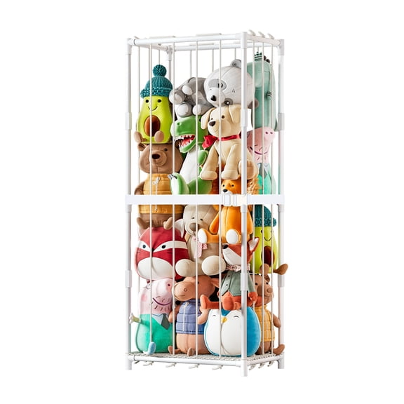 Seamika Stuffed Animal Storage Organizer - Corner Toy Holder, Space-Saving Vertical Design, Elastic Straps, Metal Stand, Kids Room/ Living Room (White, Medium)