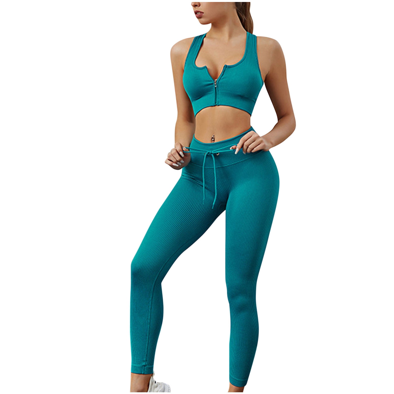 Seamless 2 Piece Outfits for Women Ribbed Long Sleeve Zip Front Crop Top  High Waist Leggings Set Yoga Workout Sets 