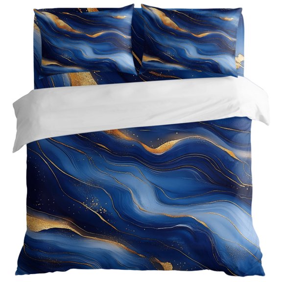 Seamless Abstract Wavy Line King Size Bed Set,Gold Royal Blue Texture Bedding for All Seasons,4 Pcs Bed Set with 1 Quiltcover (104"x90"),1 Sheet (108"x98"),2 Pillowcases (20"x36")