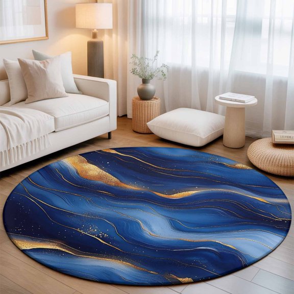 Seamless Abstract Wavy Line Round Rug 5ft Gold Royal Blue Texture Washable Area Rugs for Living Room Bedroom Entryway Non Slip Entrance Door Mat Indoor Floor Carpet