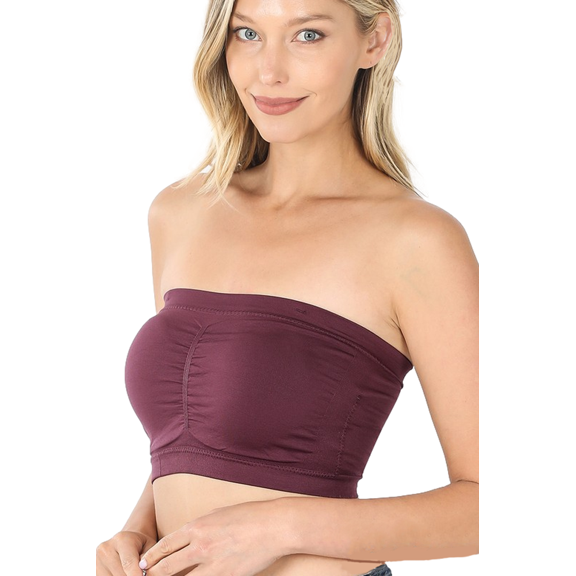 Seamless Bandeau Bra Tube Top Removable Pads (1X-2X, Eggplant), 1X-2X, Eggplant