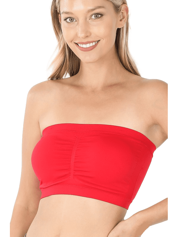 Seamless Bandeau Bra Tube Top Removable Pads (1X-2X, Ruby), 1X-2X, Ruby