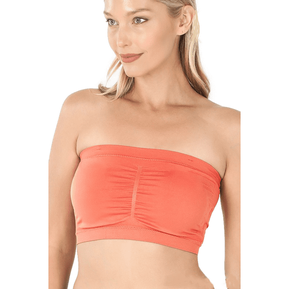 Seamless Bandeau Bra Tube Top Removable Pads (2X-3X, Deep-Coral), 2X-3X, Deep-Coral