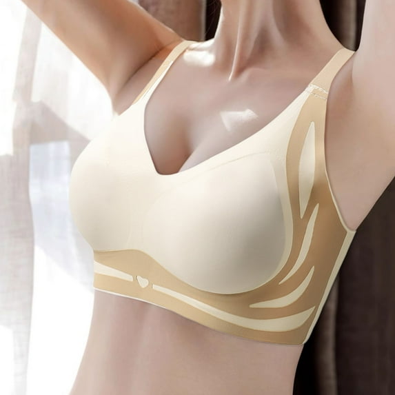 Seamless Bras For Women Deep V Bras Wireless Comfortable Bra Supportive No Underwire Bras Tshirt Plunge Seamless Bra Powerful Push Up Seamless Bra Wireless Bra Non-Sagging Bralettes Beige,XL
