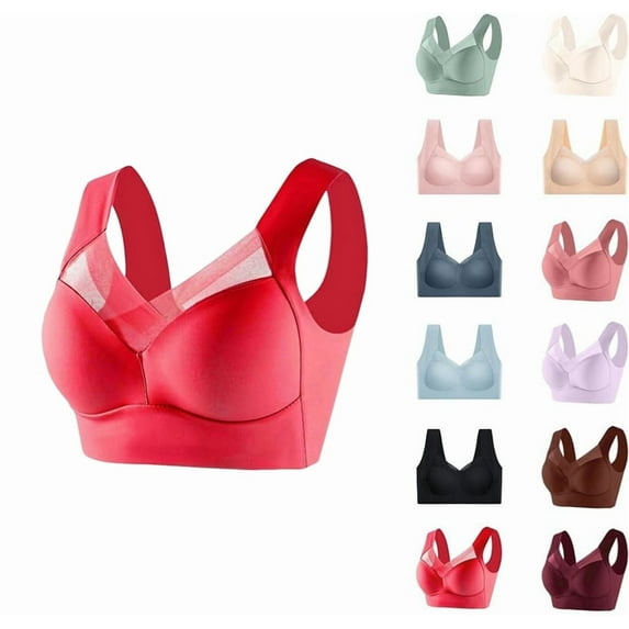Seamless Bras for Older Women Wireless Supportive Bra Comfortable No Underwire Full Coverage Push Up Bra Plus Size Red X-Large