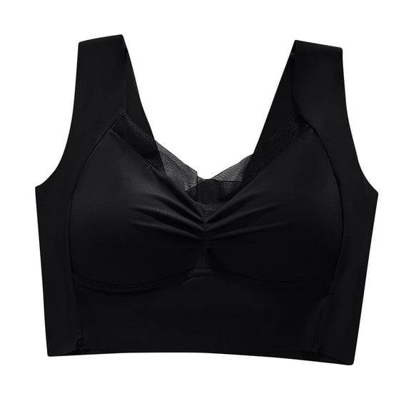 Seamless Bras for Women No Rims Wide Shoulder Strap Plus Size Lace Mesh Underwear Full Coverage Push up Bralettes (L, Black-A)