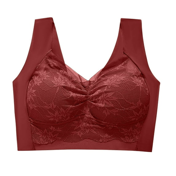Seamless Bras for Women No Rims Wide Shoulder Strap Plus Size Lace Mesh Underwear Full Coverage Push up Bralettes (L, Red)