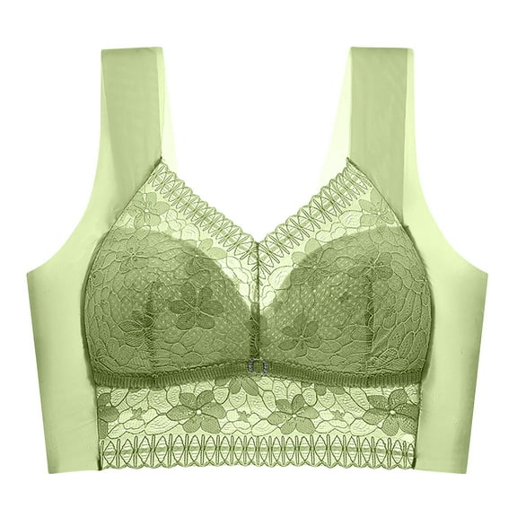 Seamless Bras for Women No Rims Wide Shoulder Strap Plus Size Lace Mesh Underwear Full Coverage Push up Bralettes (XL, Green)