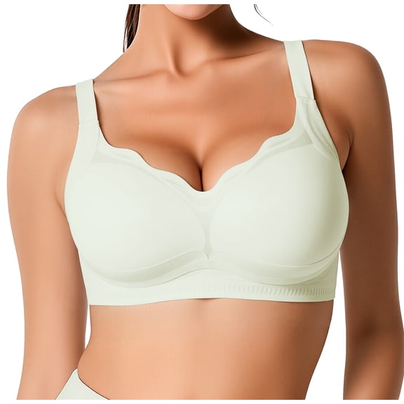QYLUX Seamless Bras for Women No Underwire Scalloped Push Up Bras Soft Wireless Comfort Bralettes Full Coverage Light Green L