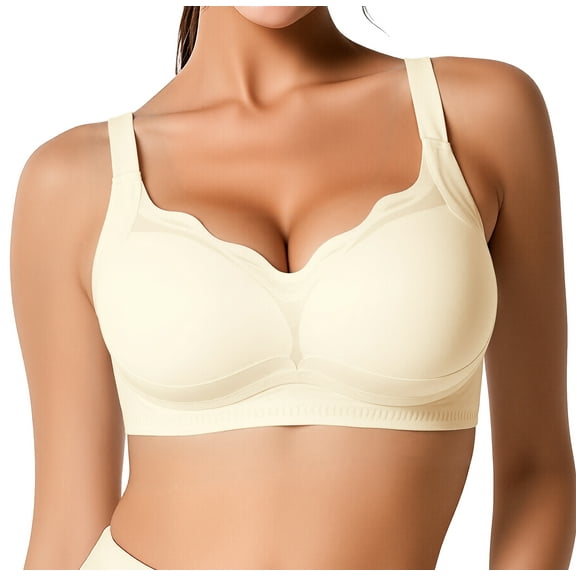 QYLUX Seamless Bras for Women No Underwire Scalloped Push Up Bras Soft Wireless Comfort Bralettes Full Coverage Nude XL