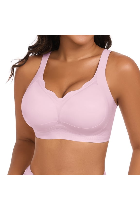 Puls Size Seamless Bras for Women No Underwire Scalloped Push Up Bras Soft Wireless Comfort Bralettes Full Coverage Pink 2XL