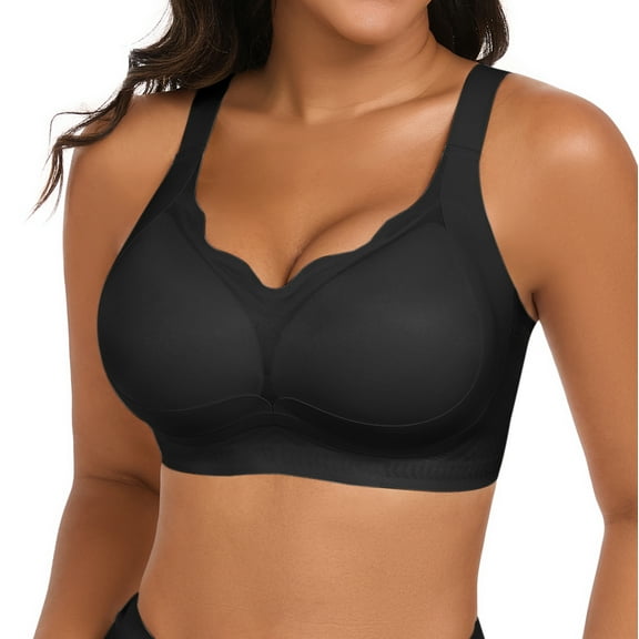 QYLUX Seamless Bras for Women No Underwire Scalloped Push Up Bras Soft Wireless Comfort Bralettes Full Coverage Black L