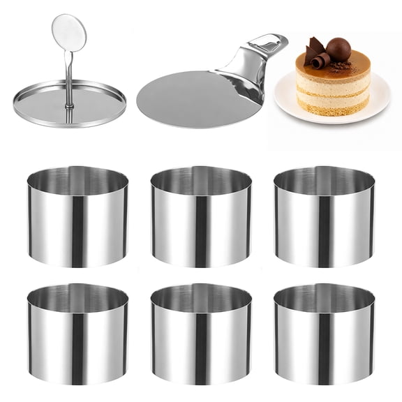 8 Pcs Stainless Steel Round Mousse Dessert Rings Set, Includes 6 Pcs Polished Non-Stick Cake Ring Molds for Baking, with 1 Presser, and 1 Lifter Tool, 2.95 x 2.17 in for Food Shaping
