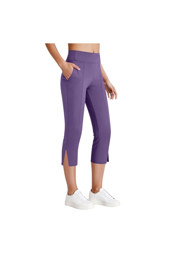 Seamless Capri Leggings for Women High Waisted Tummy Control Yoga Pants with Side Slit Butt-Lifting Capris Scrunch Gym Leggings Slacks 2026 Spring Summer Fall Athletic Trousers