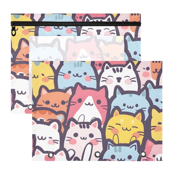 Seamless Cartoon Cute Cat Faces 3-Ring Binder Pouches A4 Size Zipper Pocket File Storage 2 Packs
